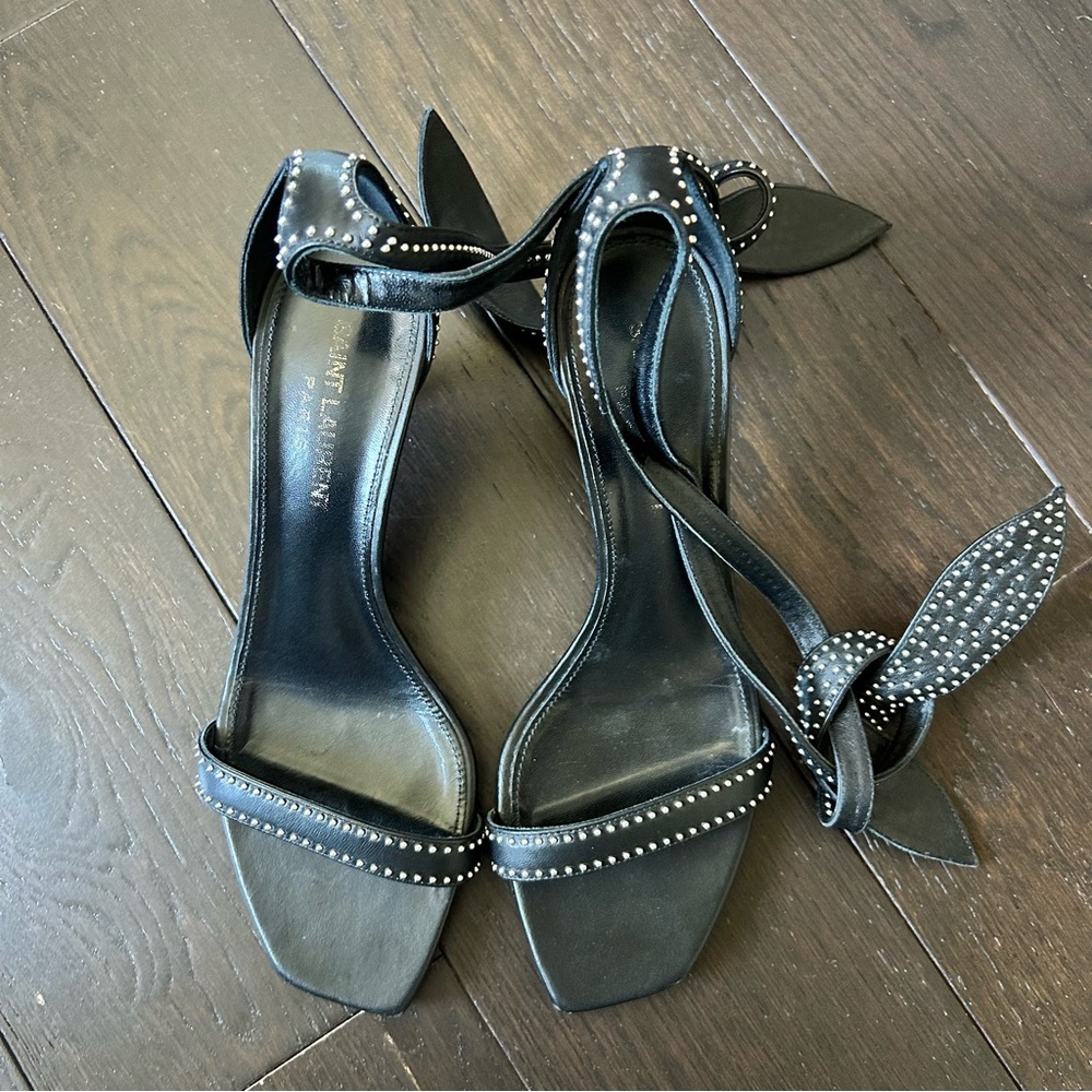 SAINT LAURENT Studded Wrap Sandal, Black/Silver, 36